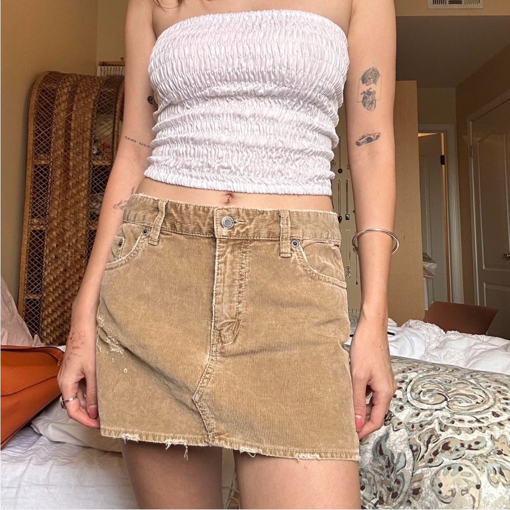 White Tube Top and Tan Denim Skirt